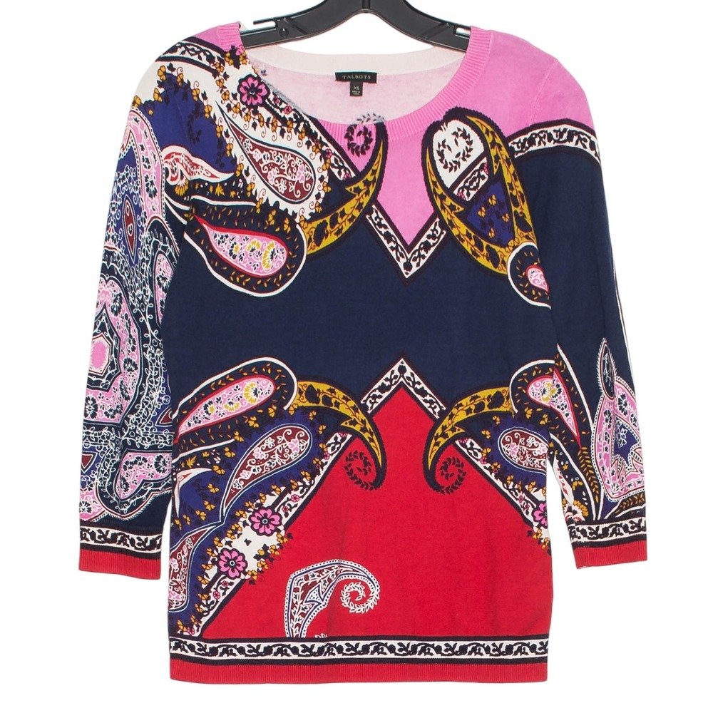 Talbots Sweater 3/4 Sleeve Y2K Boho Retro Statement Bold‎ Colorful Paisley XS